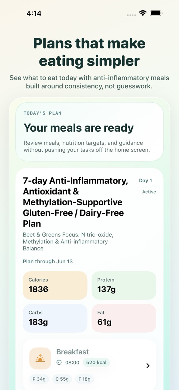 Diet screen in Unstiff showing plan details and nutrition targets